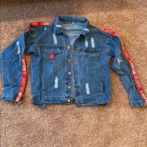 Distressed Denim Jacket W/ Zipper and Graphic Trim